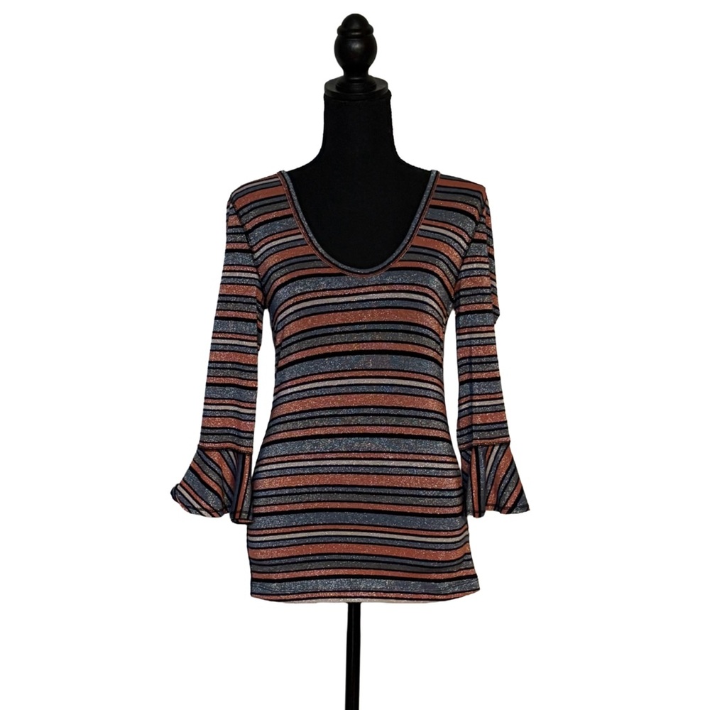 ✨ Free People Metallic Stripe Bell Sleeve Top M | Retro Shimmer Boho Chic ✨
